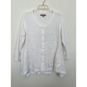 FLAX Linen Button Front Top Mixed Media White Lagenlook Beach Light Women's 6